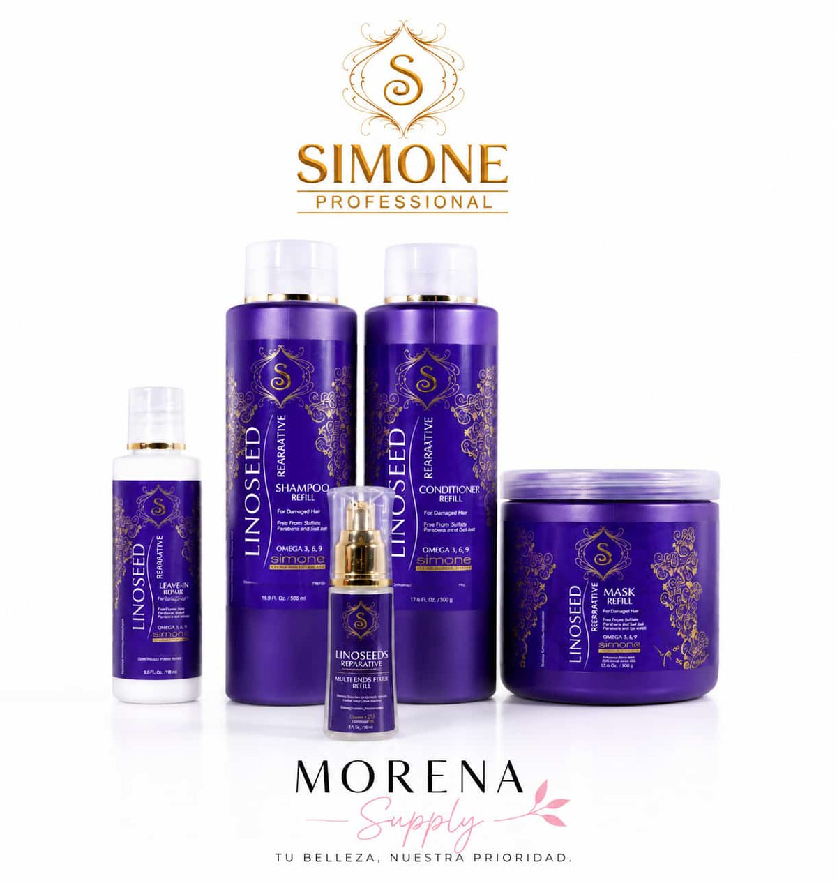 Simone Profesional Linoseed omega 3,6,9 kit incluye 5pcs Libre de Sulfato, Sodium Chloride